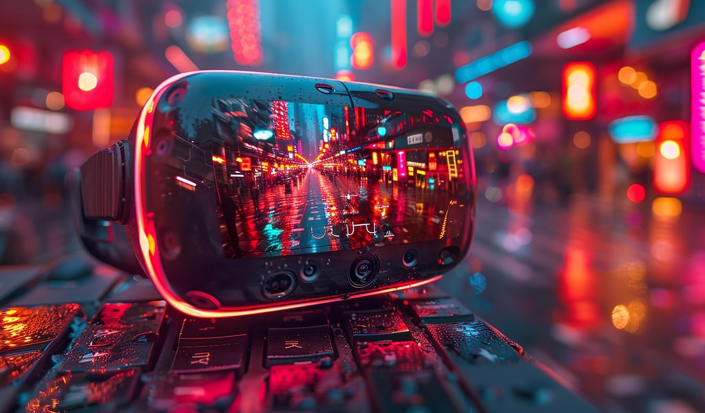 VR очки с неоновым городом - WSVGA обои в разрешении 1024x600