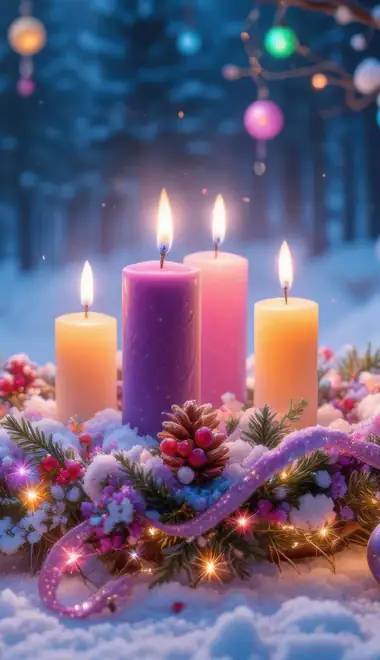 stringlight Wallpapers for Samsung Galaxy M55, POCO M4/X4/X5, Xiaomi Redmi 12/13/Note 13/Note 14/Note 14S (1080x2400): wreath, candles, stringlight, night