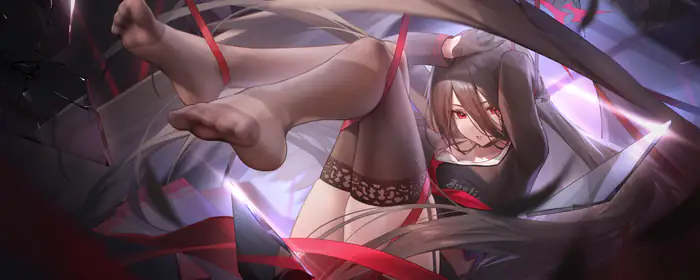 UltraWide 32:9 wallpapers (5120x1440): anime girl, brunette, red eyes, stockings