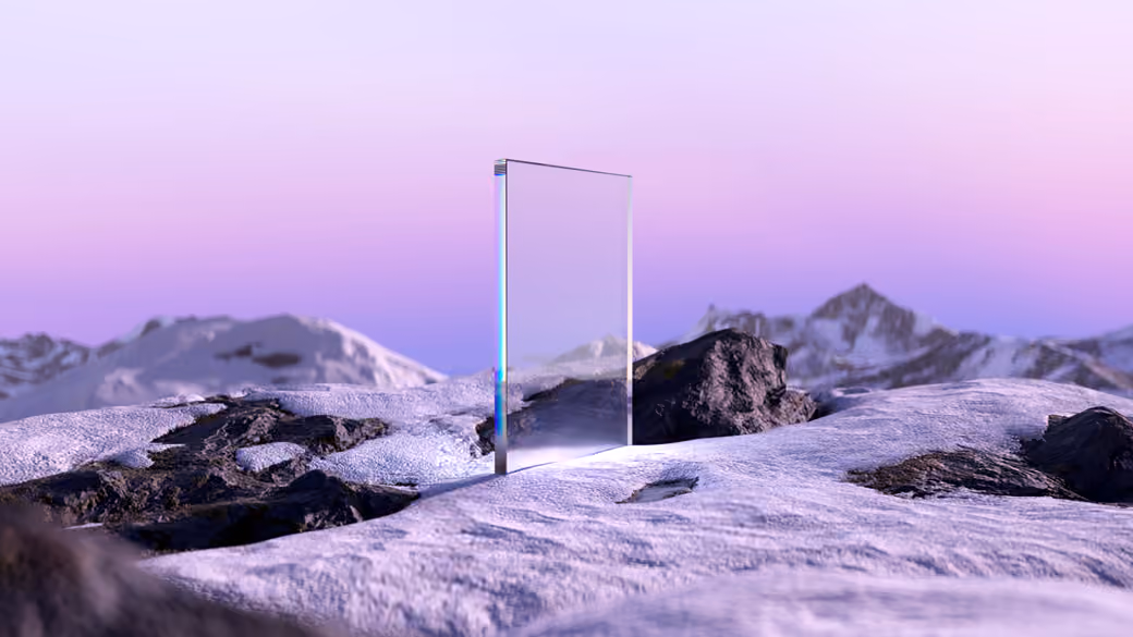 Glass panel in the snow in the mountains — desktop and phone wallpaper, free download