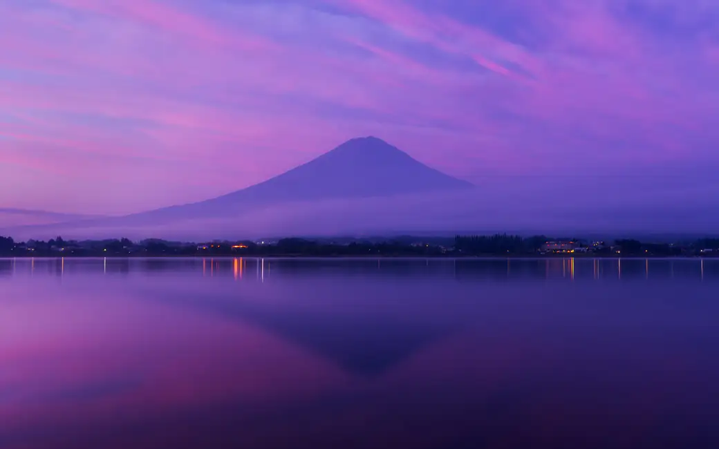 Mount Fuji in a purple sunset — desktop and phone wallpaper, free download