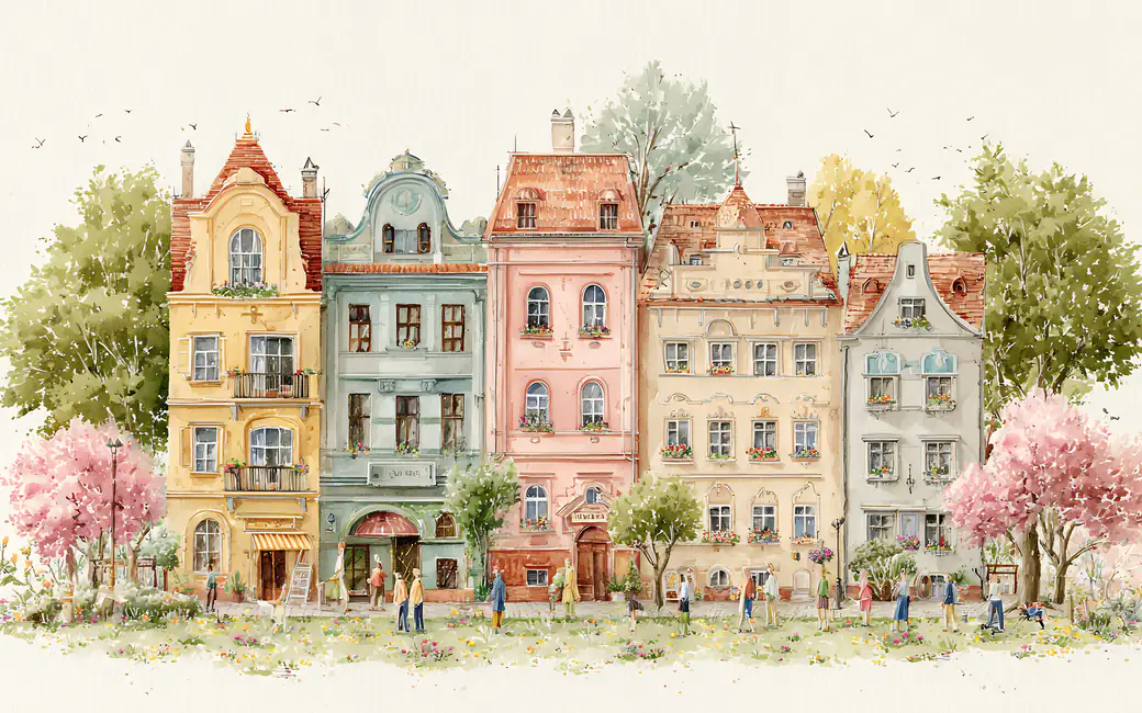 Nice European street with low buildings — desktop and phone wallpaper, free download