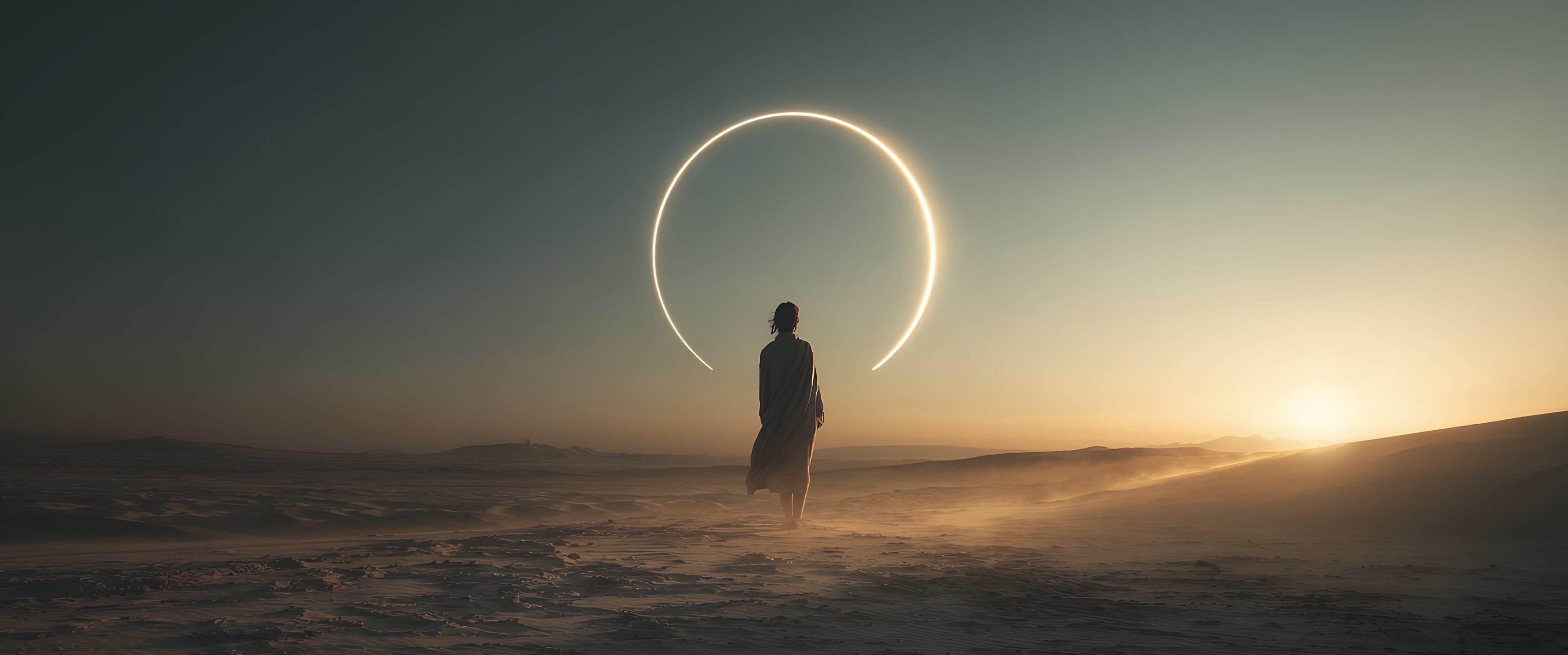 Woman with a shining halo in the desert - UltraWide 21:9 wallpapers in 3440x1440 resolution