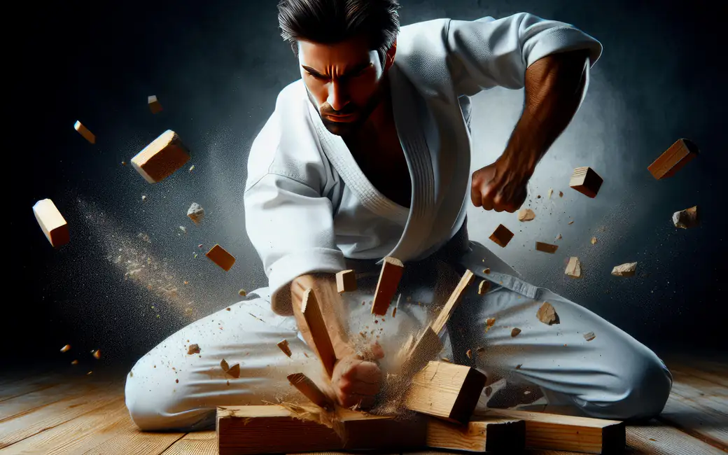 Karate martial artist breaking wood plank — desktop and phone wallpaper, free download
