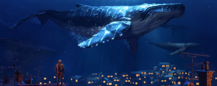 UltraWide 32:9 обои исследование (3840x1080): сюрреализм, под водой, кит, дайвер