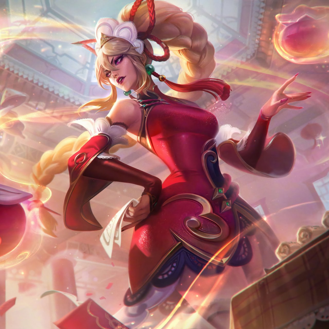 Syndra in a festive red dress casting magic - Wallpapers for Lenovo, Huawei in 1280x1280 resolution