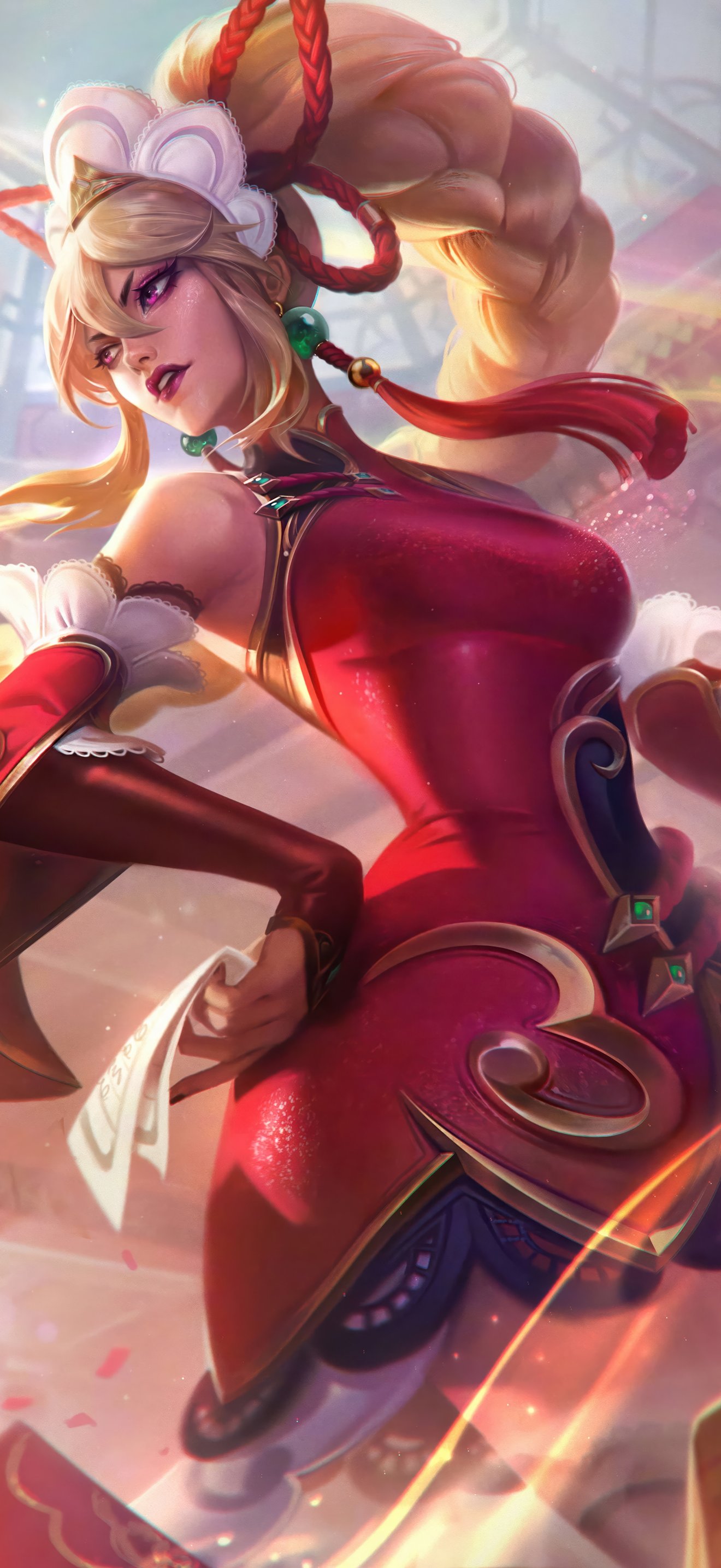 Syndra in a festive red dress casting magic - Wallpapers for iPhone 18 Pro Max/17 Pro Max/16 Pro Max in 1320x2868 resolution