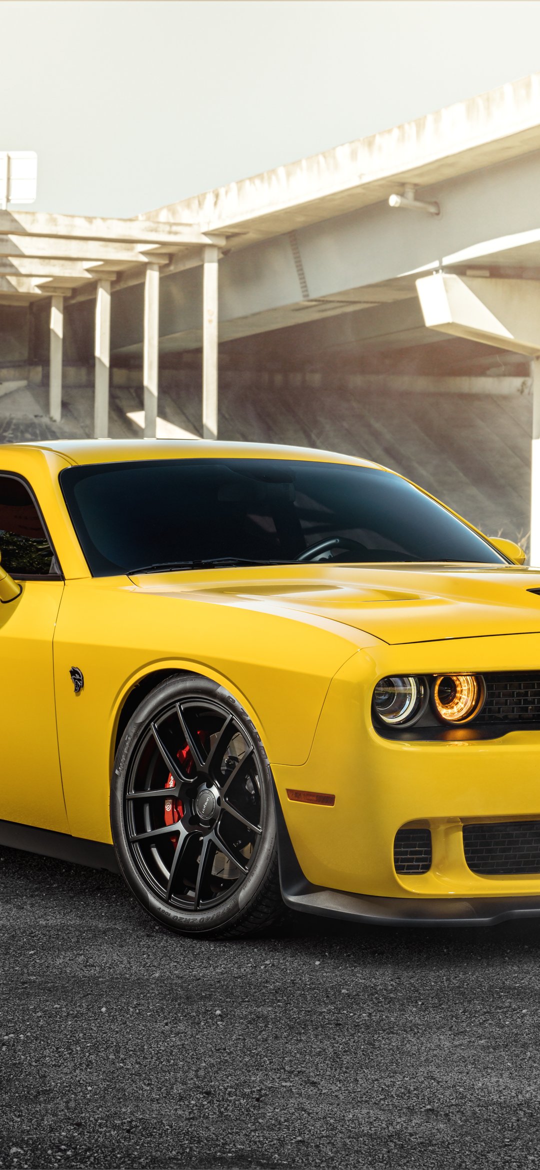 Yellow Dodge Challenger SRT - Wallpapers for iPhone 12 mini/13 mini, Samsung Galaxy S24/S24 FE/S25/S25 FE/S26/A55/A56/A35/A26/A16/M15, Xiaomi, Sony Xperia in 1080x2340 resolution