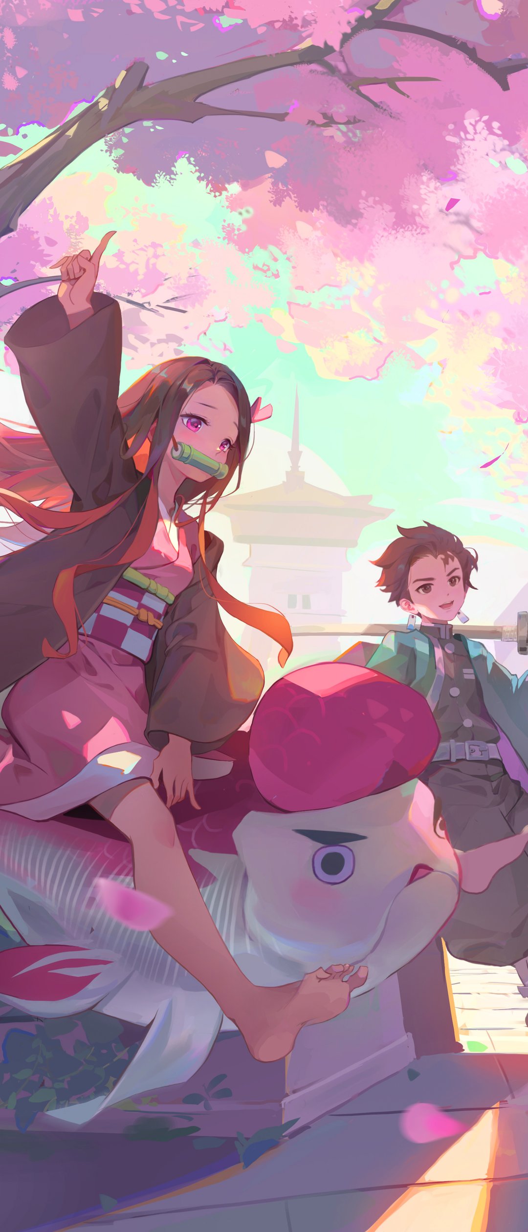 Nezuko and Tangiro are having fun outside - Wallpapers for Samsung Galaxy Z Flip7, Sony Xperia 5 II/5 III/5 V/10 IV/10 V, Xiaomi Mix Fold 3 in 1080x2520 resolution
