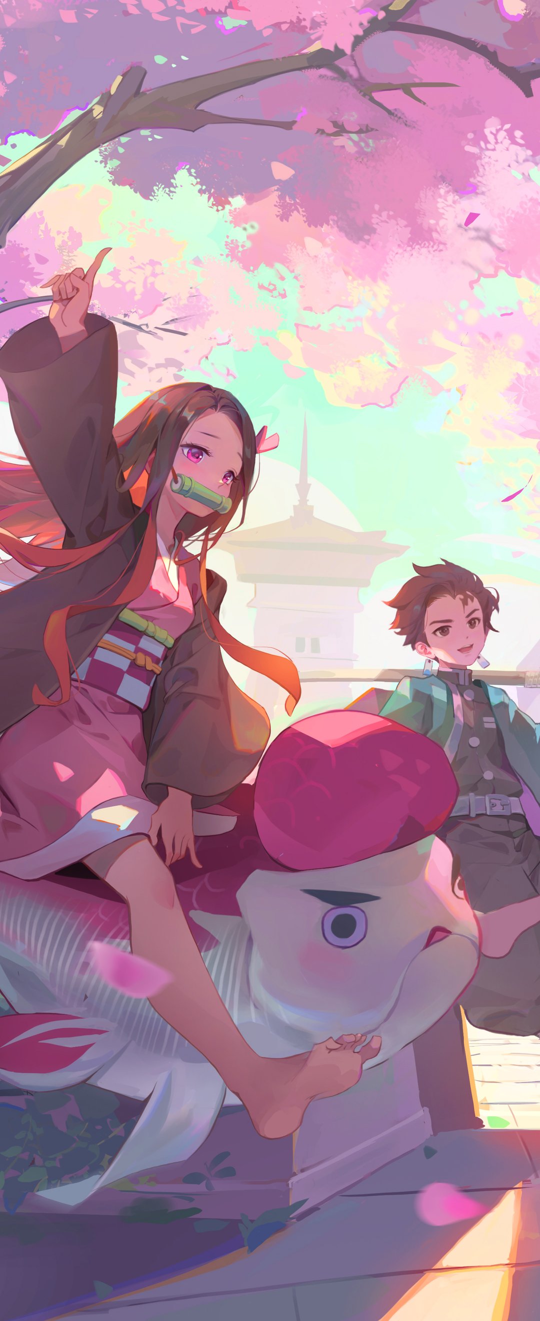 Nezuko and Tangiro are having fun outside - Wallpapers for Samsung Galaxy Z Flip6, Motorola Razr 2025 in 1080x2640 resolution