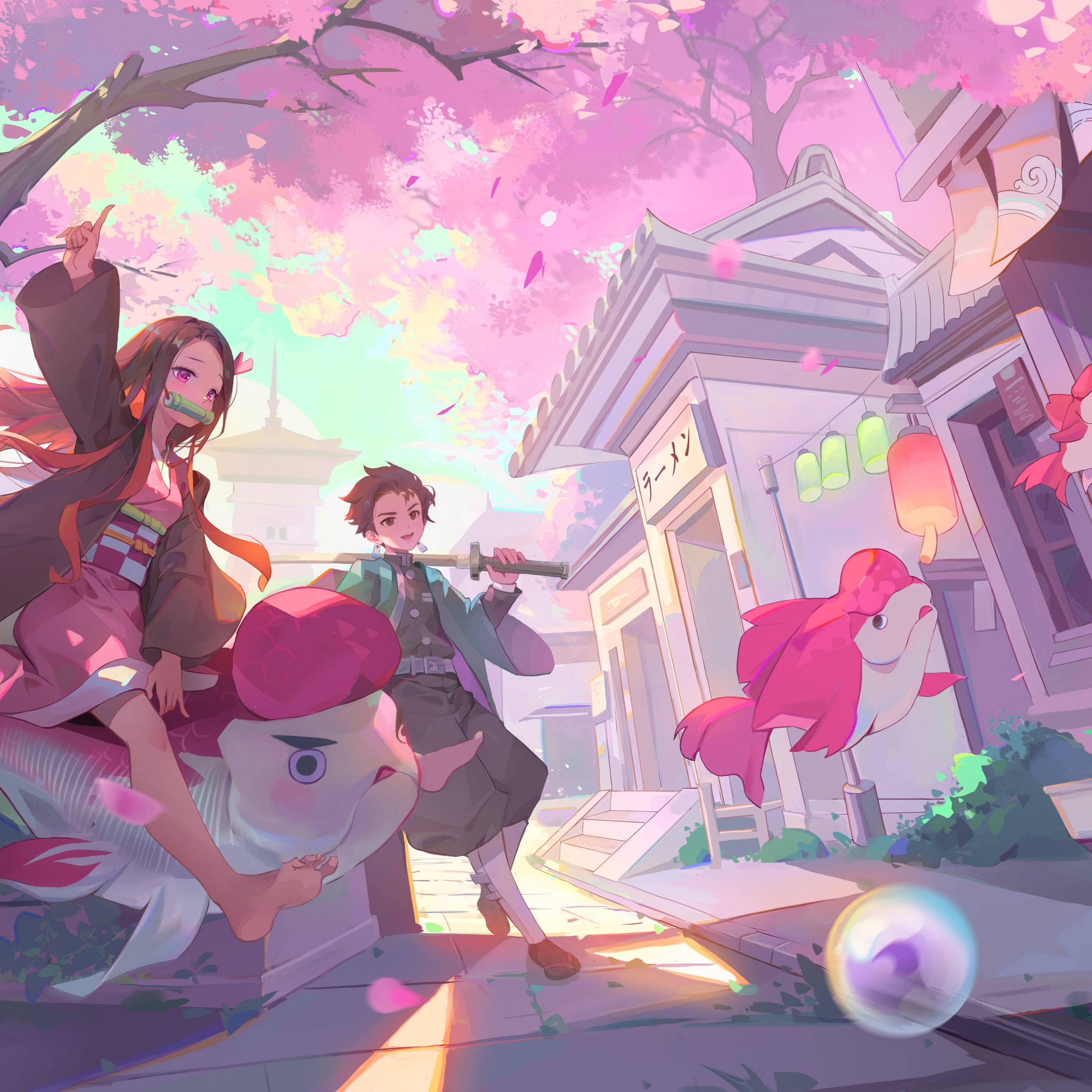Nezuko and Tangiro are having fun outside - Wallpapers for iPad Pro 11″ in 2388x2388 resolution