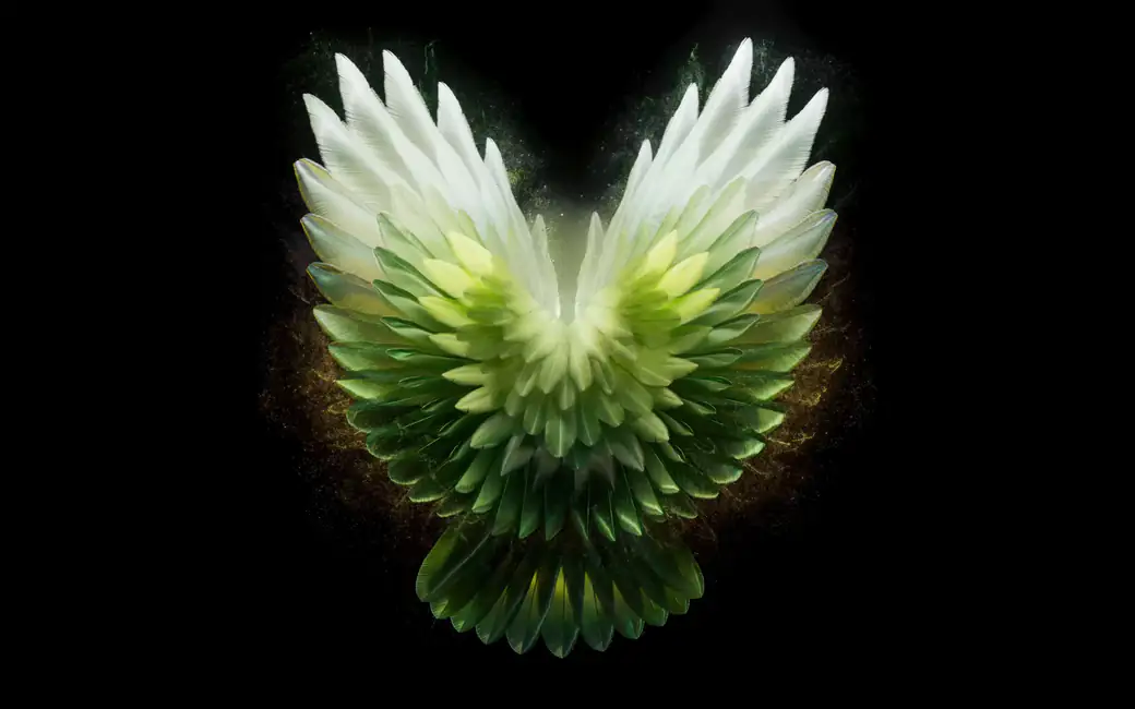 Glowing wings of green feathers — desktop and phone wallpaper, free download