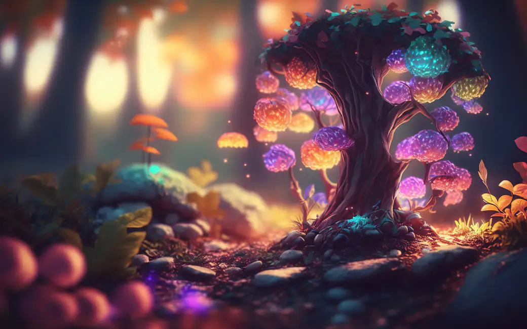 Glowing fantasy tree with colorful mushrooms — desktop and phone wallpaper, free download