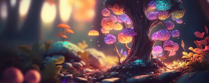 UltraWide 32:9 обои (5120x1440): деревья, грибы, лес, магия