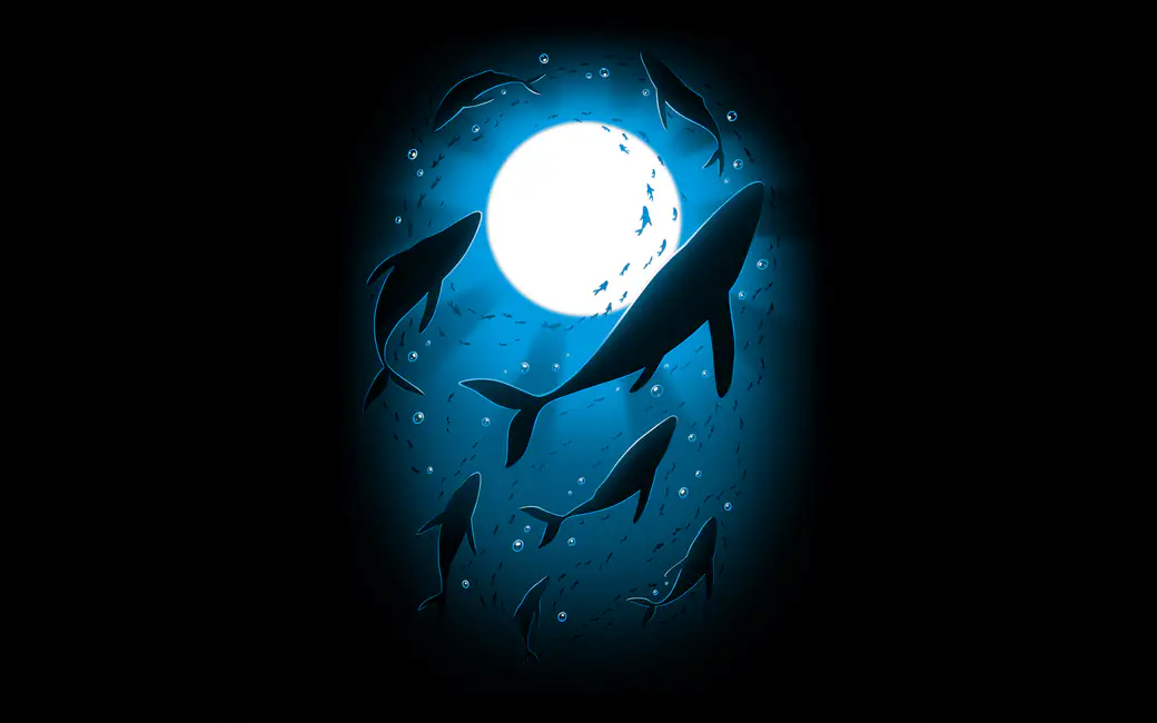 Whales under a bright full moon — desktop and phone wallpaper, free download