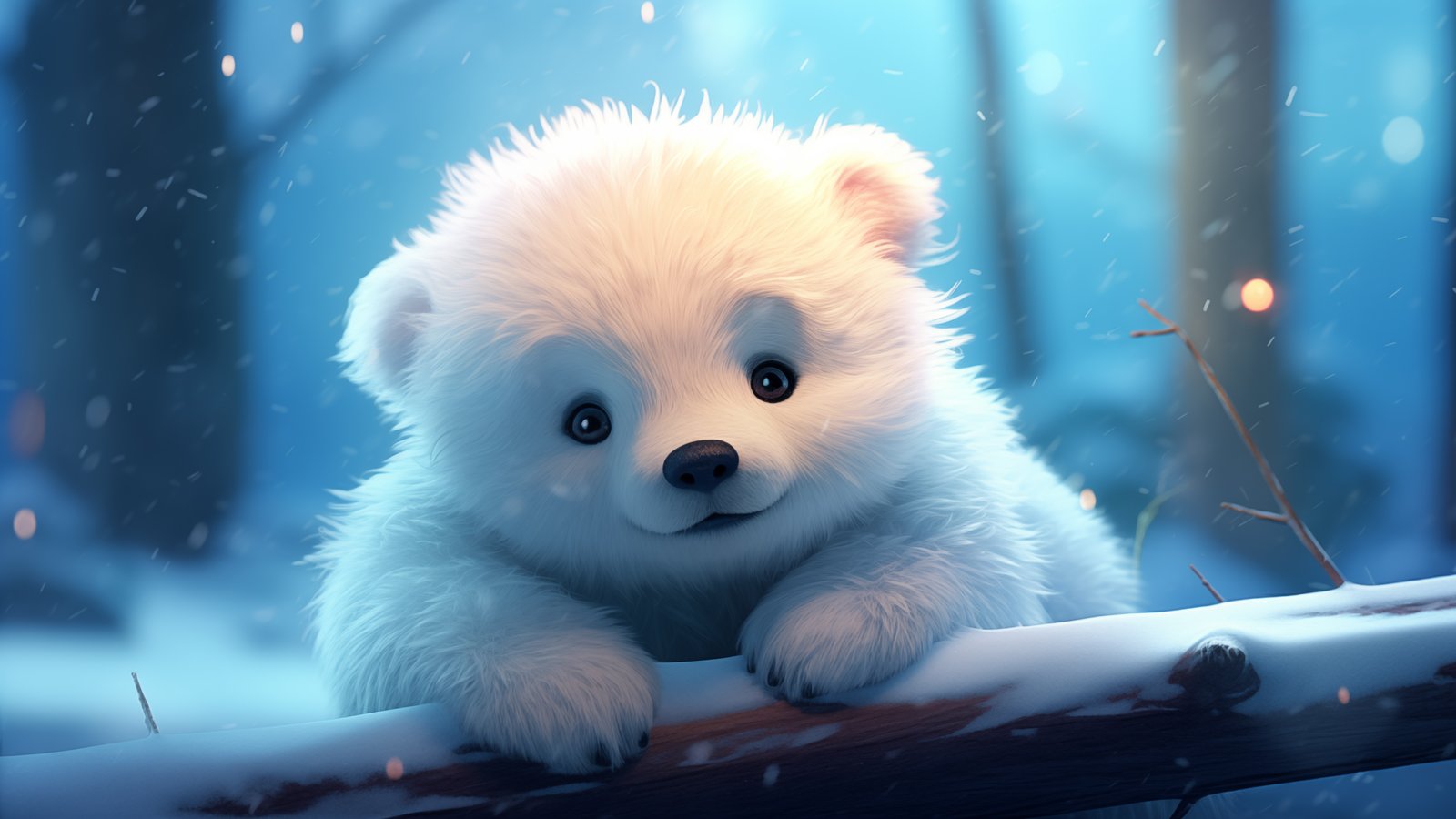 White bear cub resting on snow-covered log - wXGA++ wallpapers in 1600x900 resolution