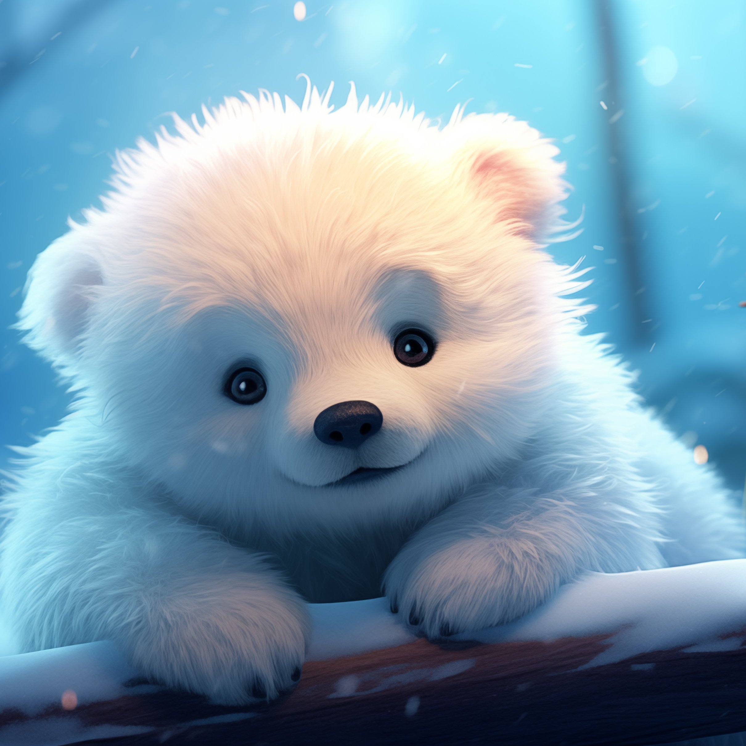 White bear cub resting on snow-covered log - Wallpapers for iPad Pro 11″ 2024 in 2420x2420 resolution