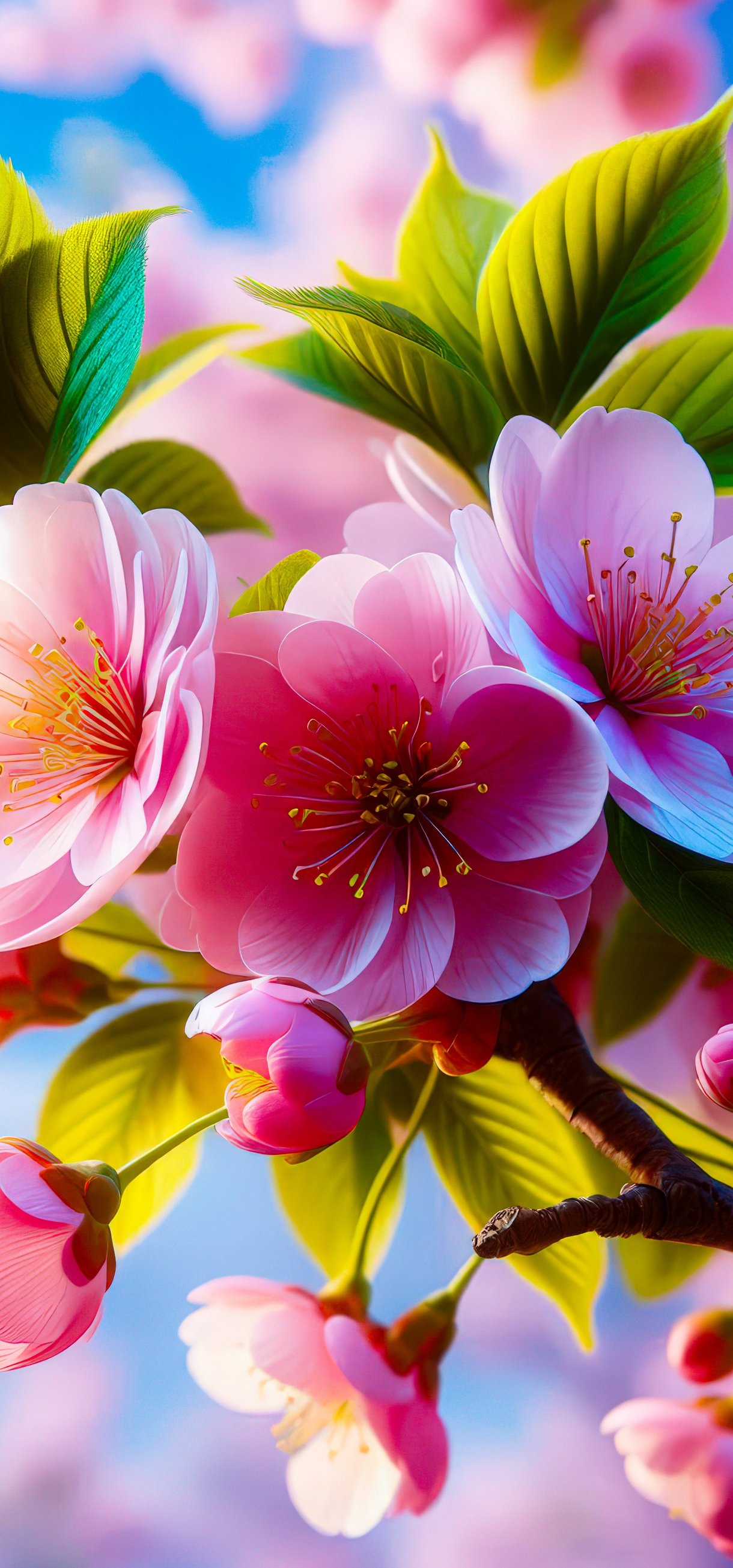 Blooming cherry blossom branch with leaves - Wallpapers for Xiaomi 17/17 Pro in 1220x2608 resolution