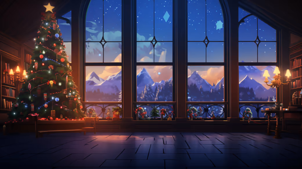Room with panoramic windows and a Christmas tree — desktop and phone wallpaper, free download