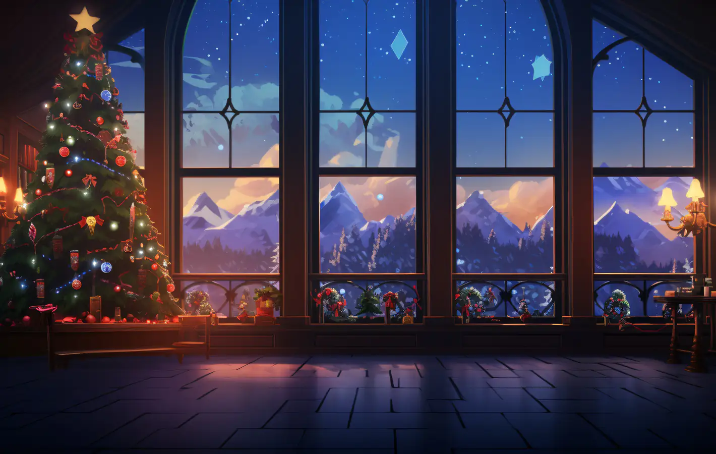 Room with panoramic windows and a Christmas tree — desktop and phone wallpaper, free download