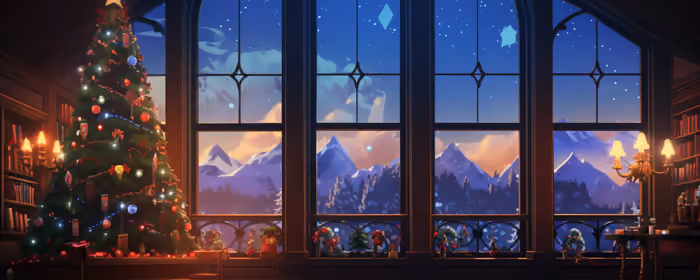 Новогодний интерьер обои для UltraWide мониторов 32:9 (3840x1080): новогодняя ёлка, гостиная, окно, закат