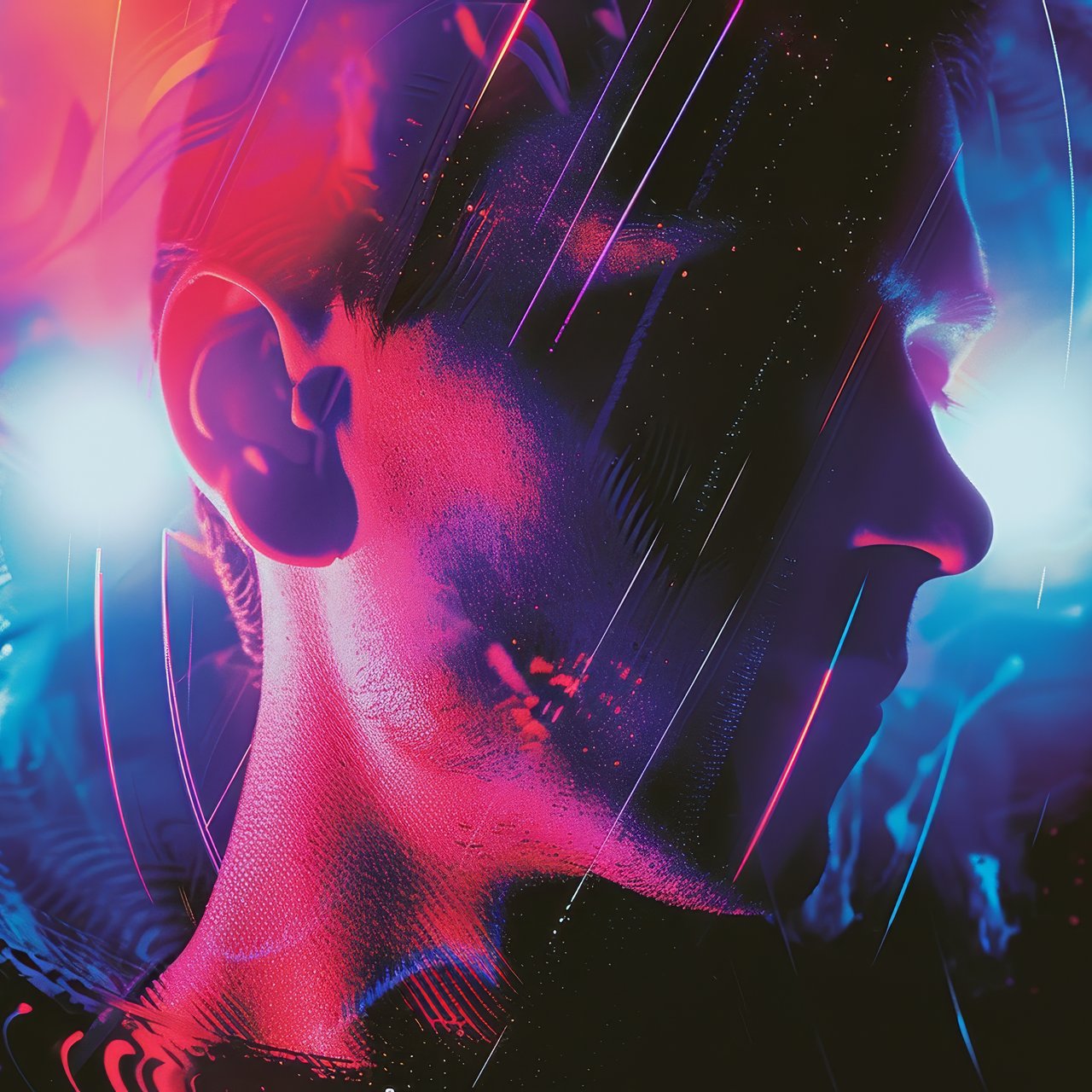 Neon glitch with a man - Wallpapers for Lenovo, Huawei in 1280x1280 resolution