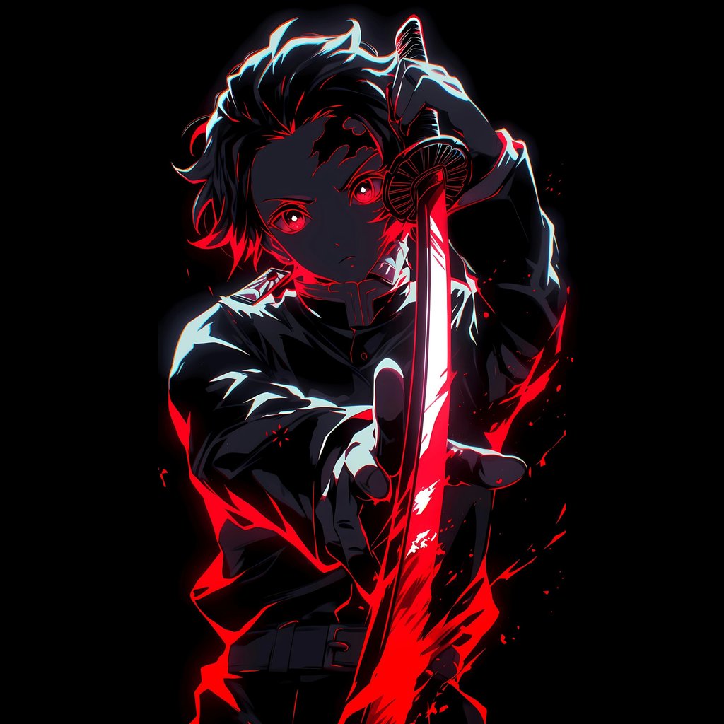 Tanjiro Kamado with a katana in red light - Wallpapers for Apple iPad 1 in 1024x1024 resolution