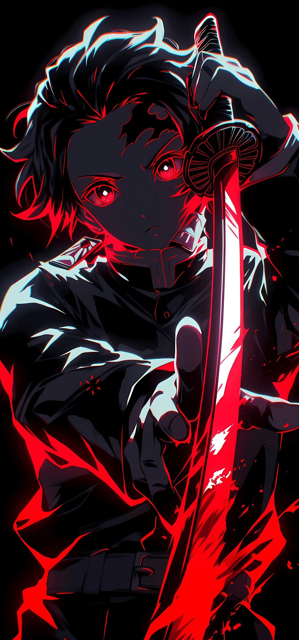 Tanjiro Kamado with a katana in red light - Wallpapers for Xiaomi 17/17 Pro in 1220x2608 resolution