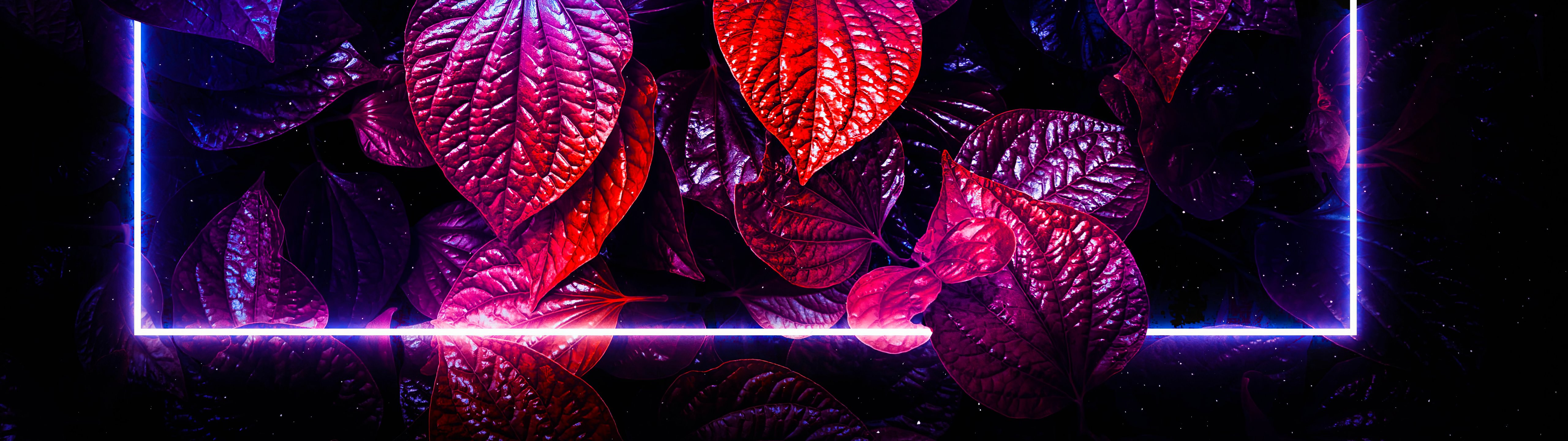Neon glowing leaves illuminated in dark - UltraWide 32:9 wallpapers in 5120x1440 resolution