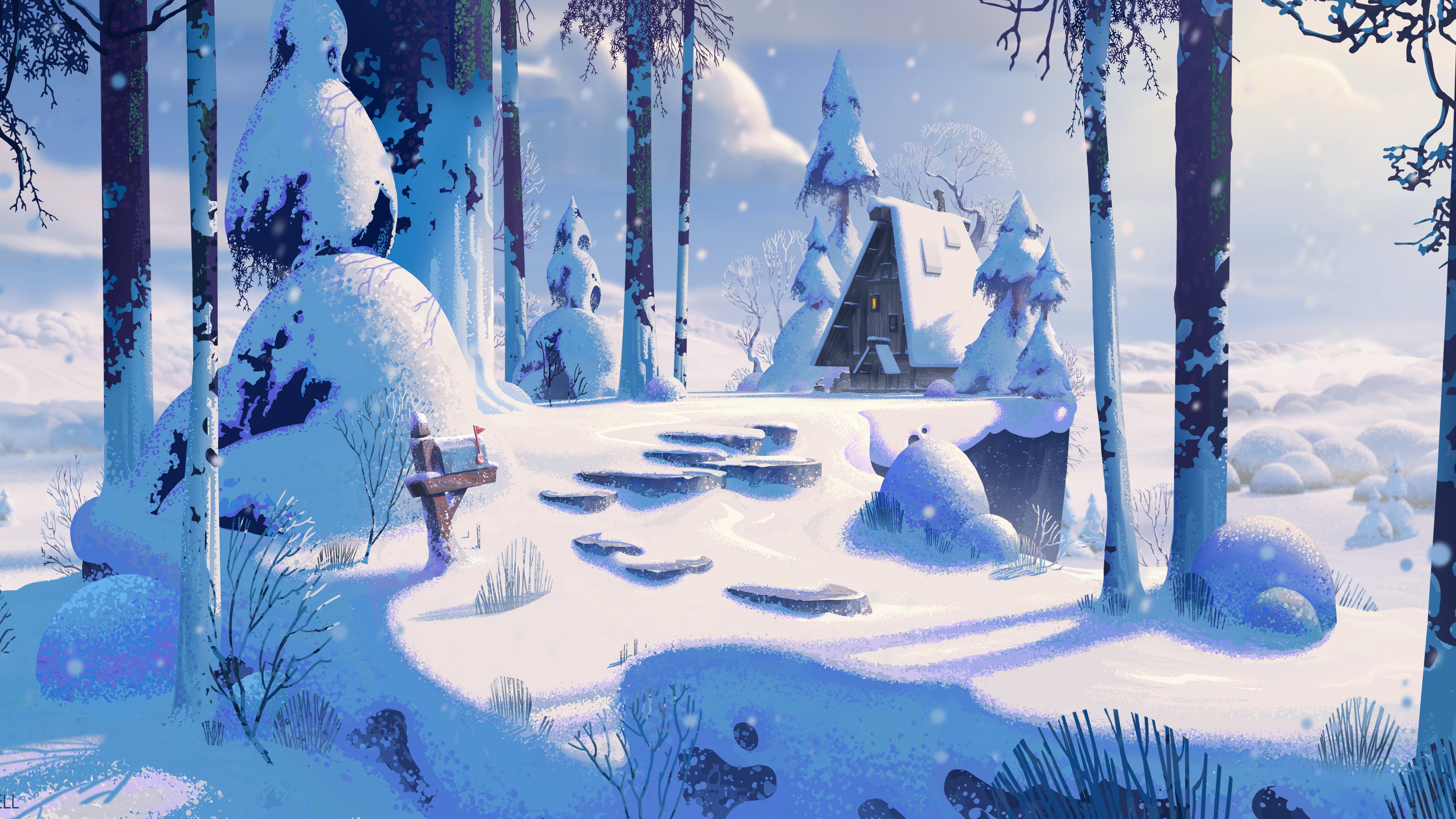 Snowy cabin in peaceful winter forest - Wallpapers for Apple iMac 21.5″ in 4096x2304 resolution