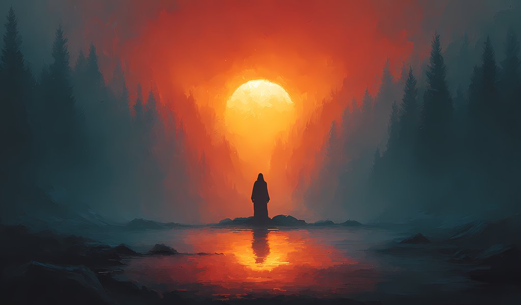 Man at sunset in the forest - WSVGA wallpapers in 1024x600 resolution