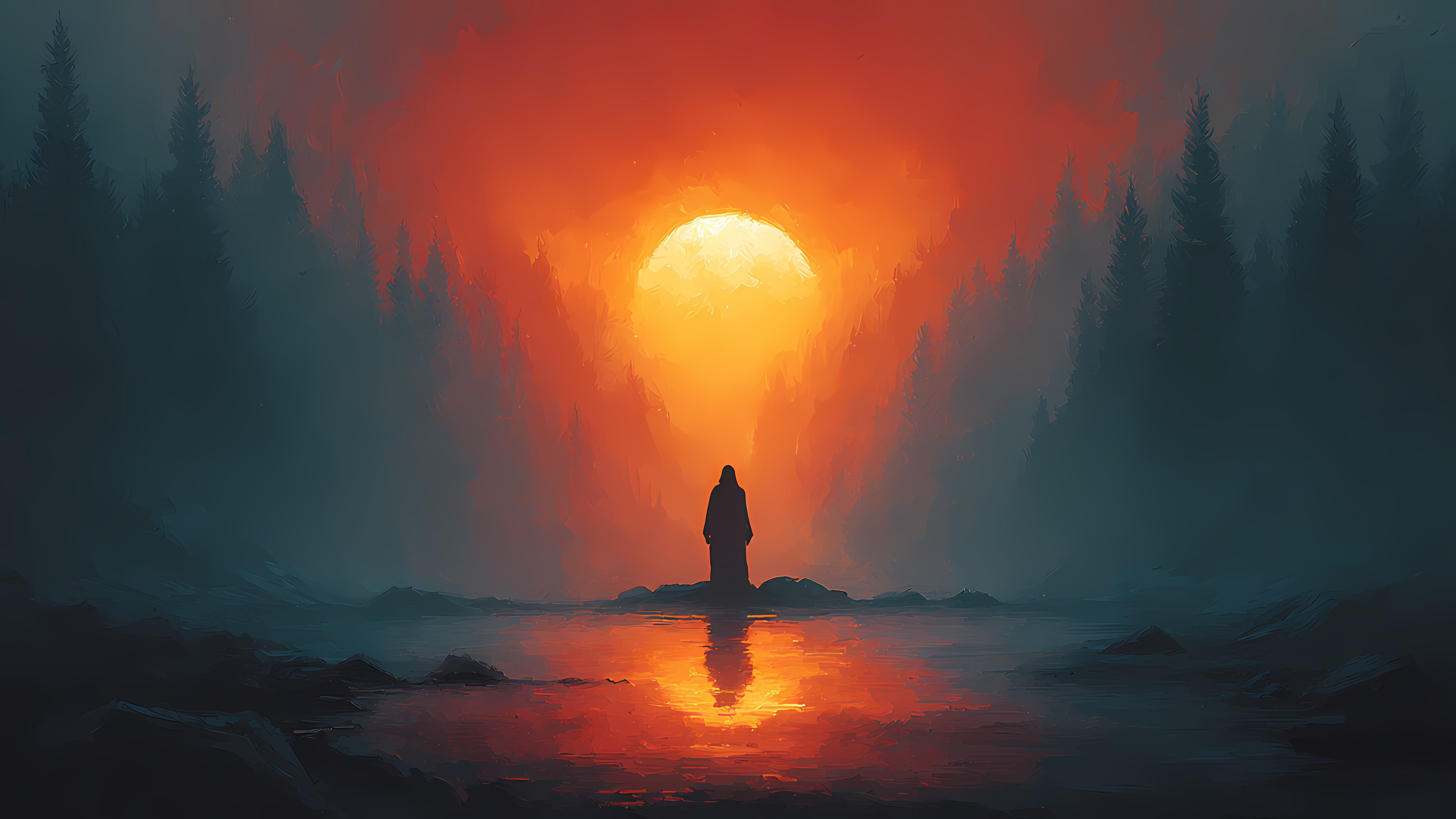 Man at sunset in the forest - Wallpapers for Apple iMac 24″ in 4480x2520 resolution