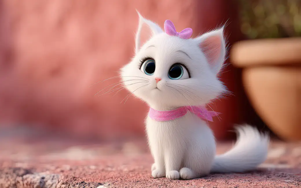 Cute white kitten with pink bow — desktop and phone wallpaper, free download