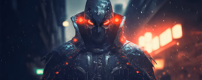 Футуристические обои роботов для UltraWide мониторов 21:9 (2560x1080): Бэтмен, робот, красные глаза, броня