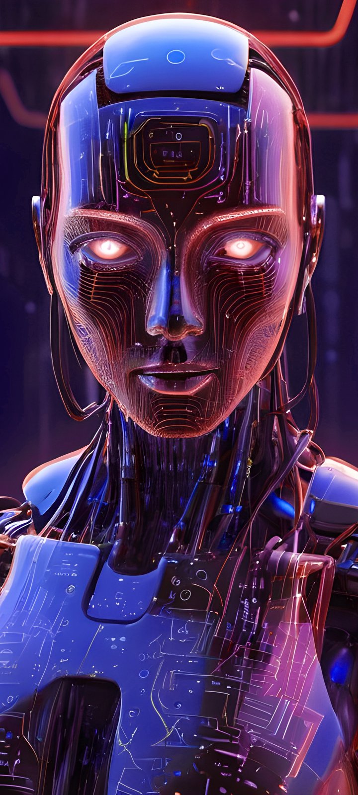 Futuristic android with glowing circuits - Wallpapers for Xiaomi Redmi 10C/C40/C51, Samsung Galaxy A12/A02s/A03/M12 in 720x1600 resolution