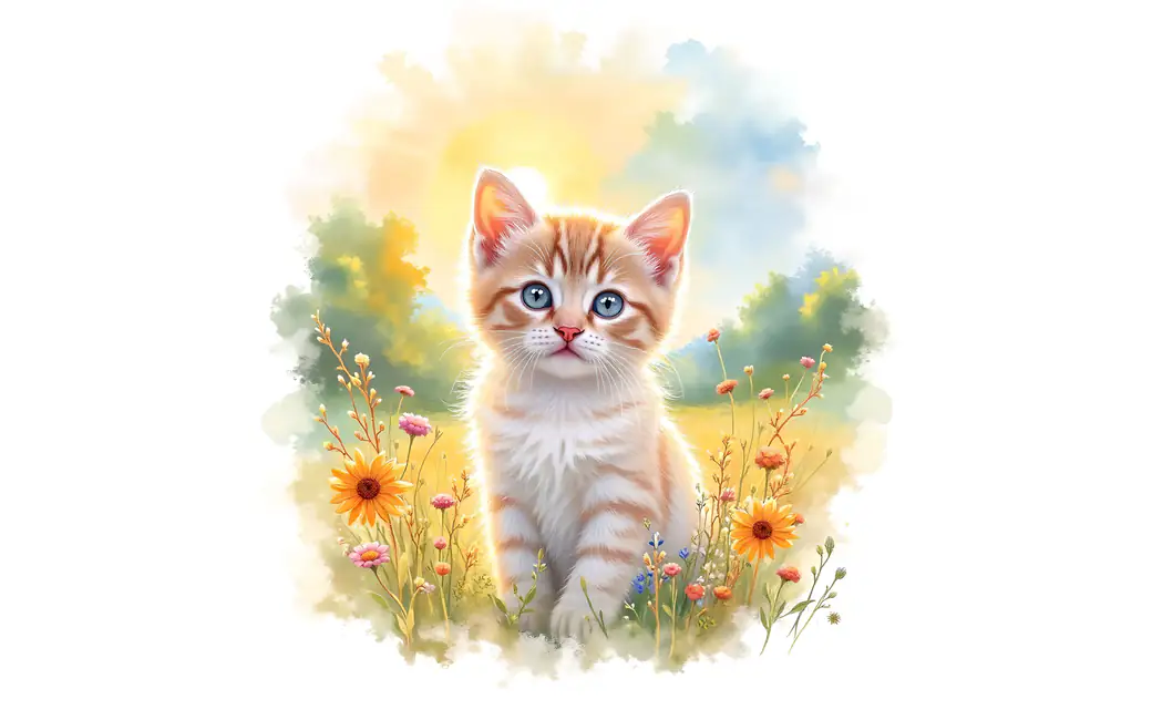Cute kitten in the summer field — desktop and phone wallpaper, free download
