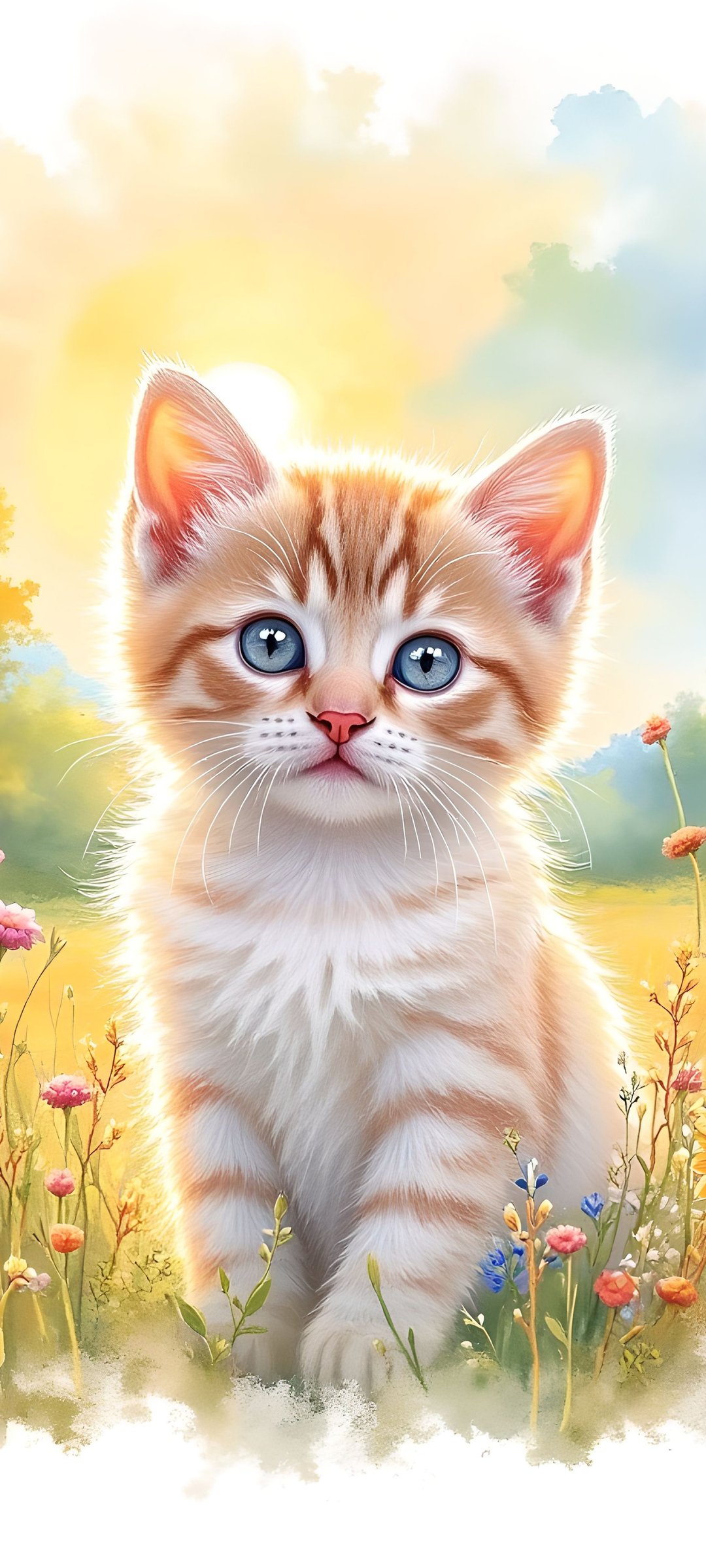 Cute kitten in the summer field - Wallpapers for Samsung Galaxy M55, POCO M4/X4/X5, Xiaomi Redmi 12/13/Note 13/Note 14/Note 14S in 1080x2400 resolution