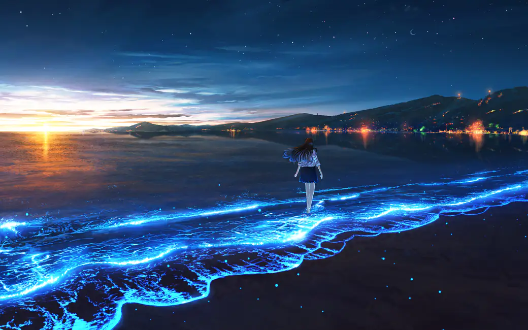 Girl walks on a luminous sea at night — desktop and phone wallpaper, free download