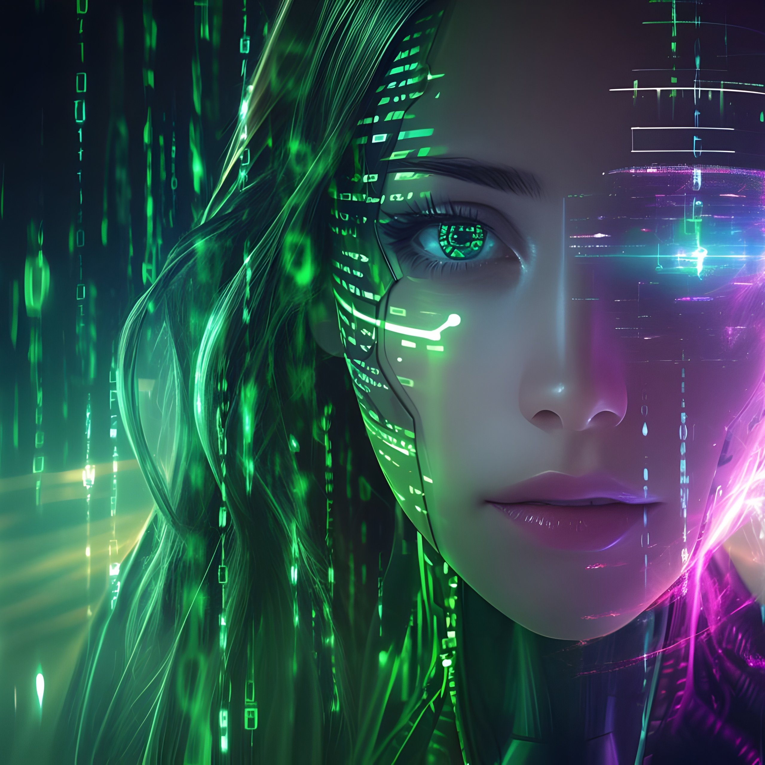 Cyborg girl and the matrix code - Wallpapers for Samsung Galaxy Tab S9 FE+/Tab S11, Xiaomi Pad 5, Redmi Pad 2 Pro, POCO Pad in 2560x2560 resolution