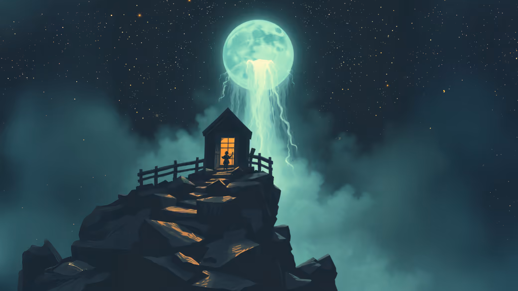 House on mountain under glowing moon — desktop and phone wallpaper, free download