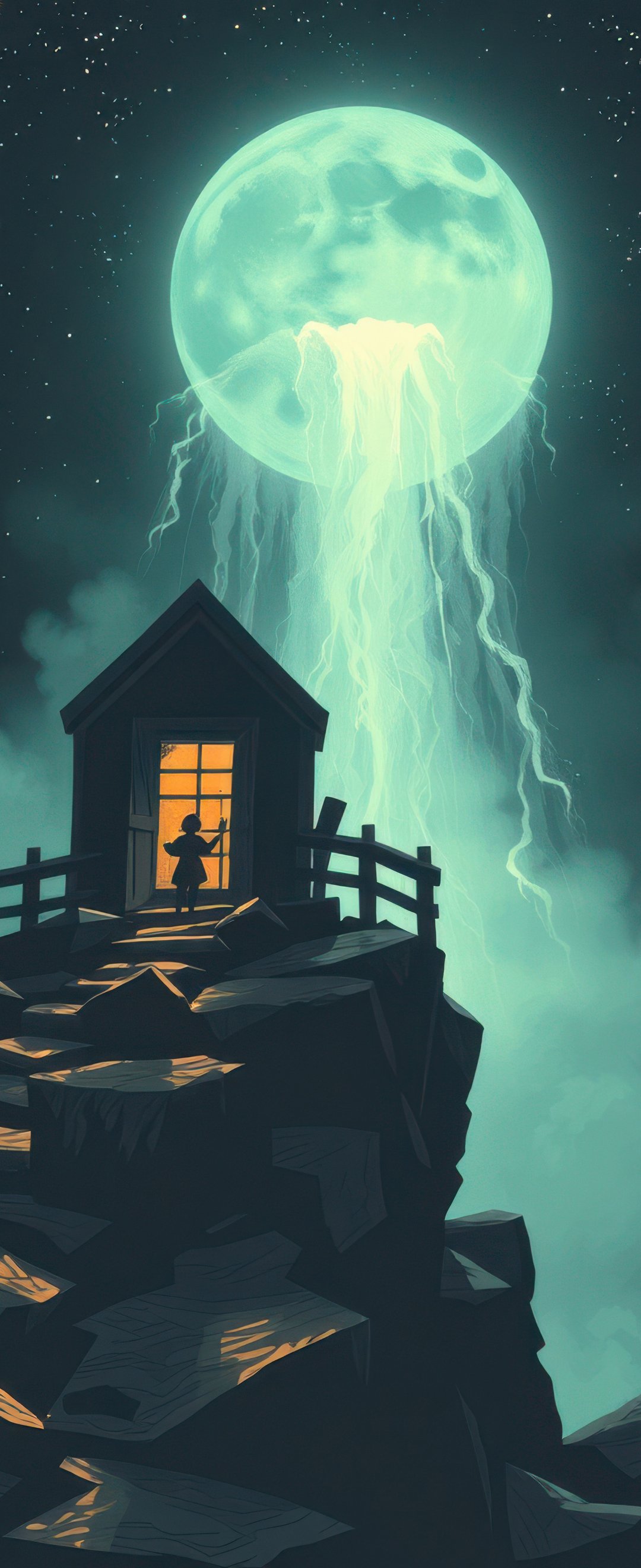 House on mountain under glowing moon - Wallpapers for Samsung Galaxy Z Flip6, Motorola Razr 2025 in 1080x2640 resolution