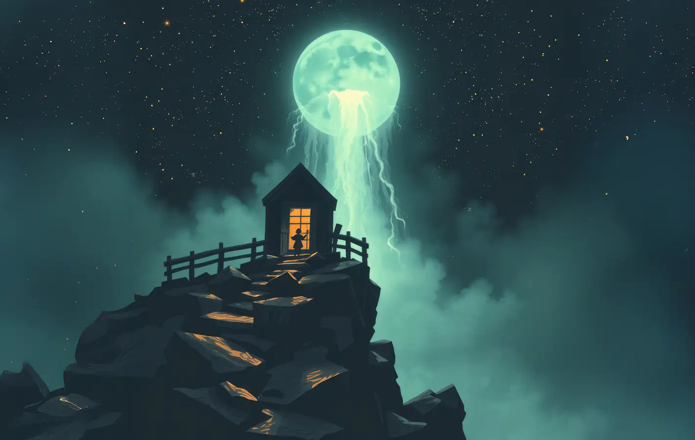 House on mountain under glowing moon — desktop and phone wallpaper, free download