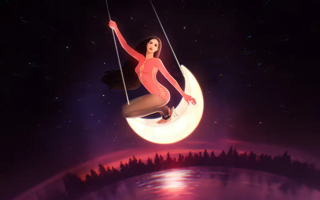 Girl on a swing with a glowing crescent moon — desktop and phone wallpaper, free download