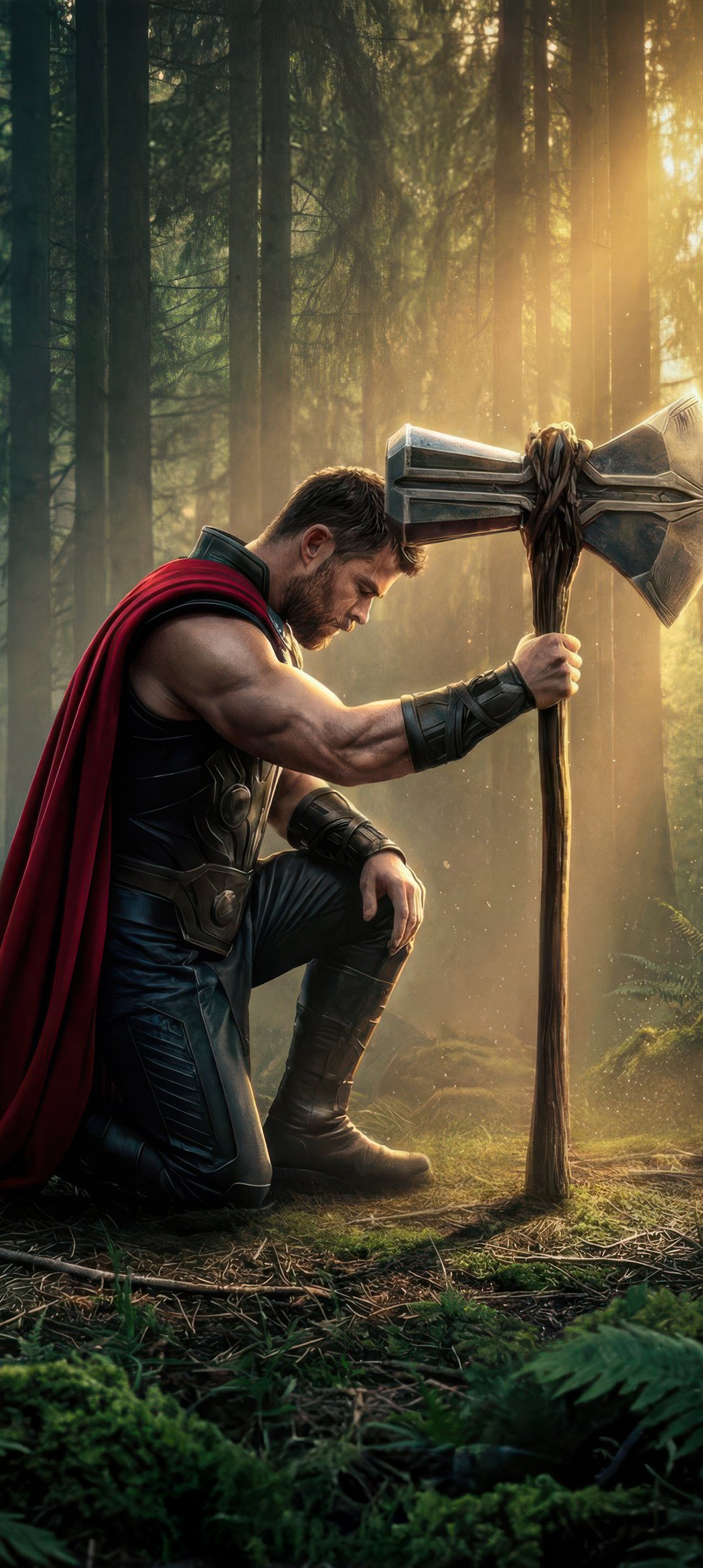 Thor and Stormbreaker in the forest - Wallpapers for Samsung Galaxy A13/A14/A53, Realme 12 Pro 5G, POCO M5 in 1080x2408 resolution