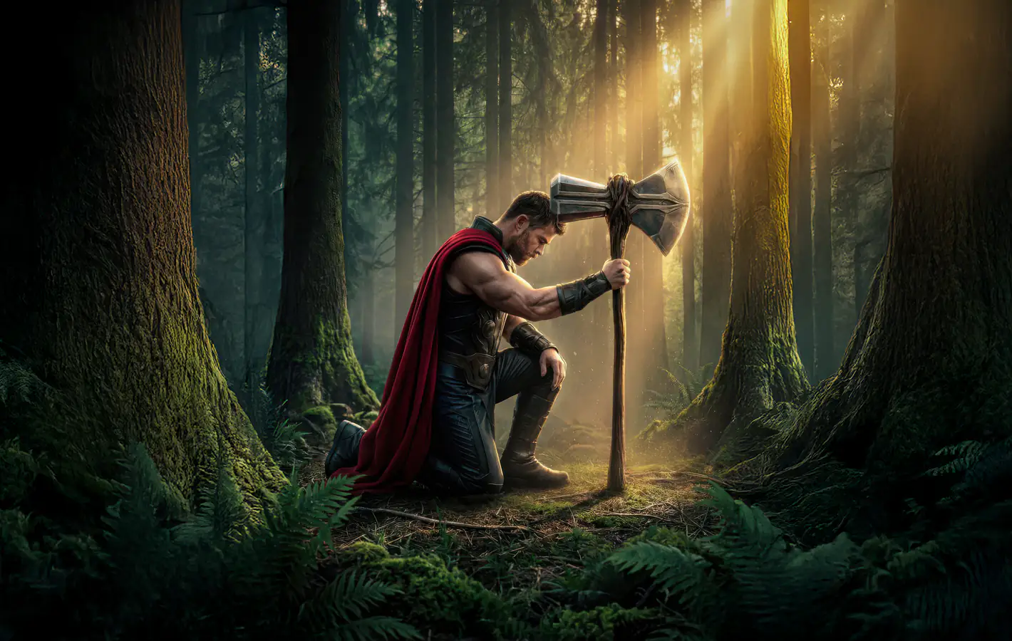 Thor and Stormbreaker in the forest — desktop and phone wallpaper, free download