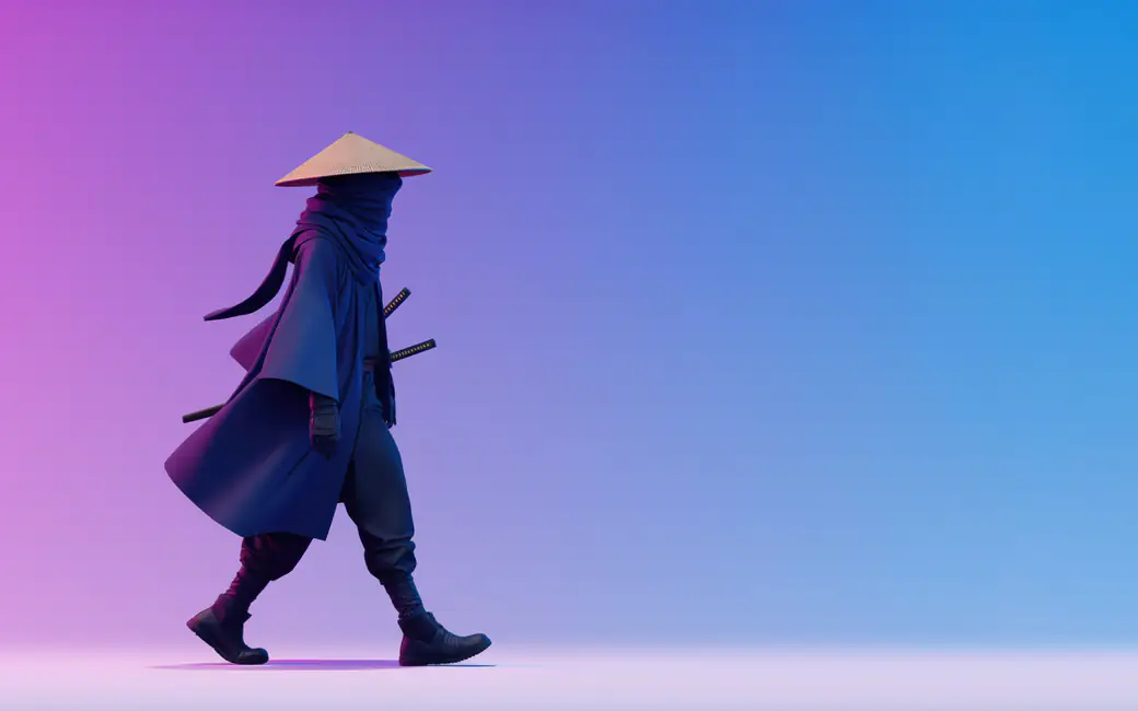 Ninja with a straw hat and katanas — desktop and phone wallpaper, free download