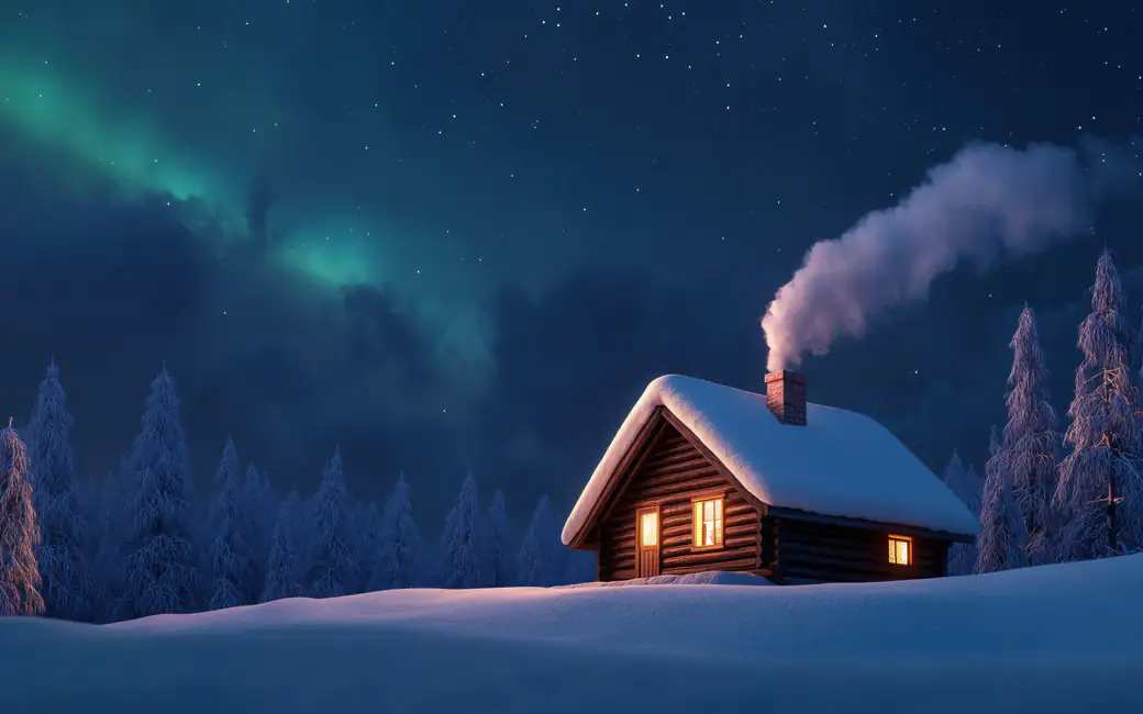Winter house under the Northern Lights — desktop and phone wallpaper, free download