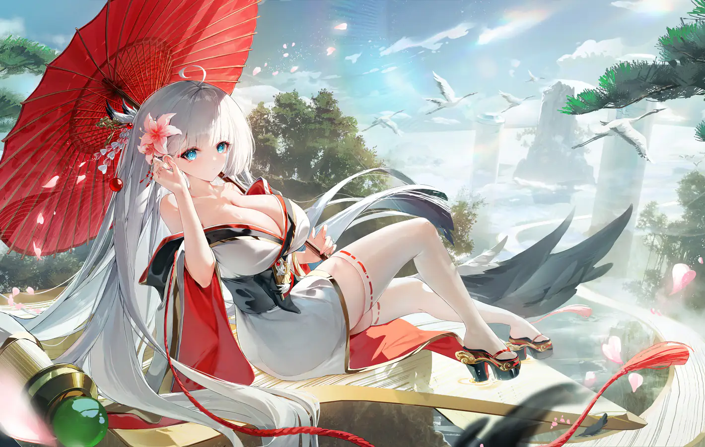 Shoukaku from Azur Lane with a red umbrella — desktop and phone wallpaper, free download