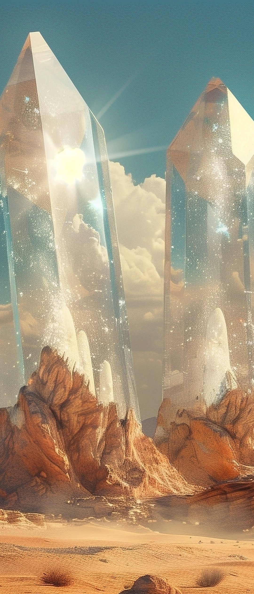 Huge transparent crystals in the desert - Wallpapers for Samsung Galaxy Z Flip7, Sony Xperia 5 II/5 III/5 V/10 IV/10 V, Xiaomi Mix Fold 3 in 1080x2520 resolution