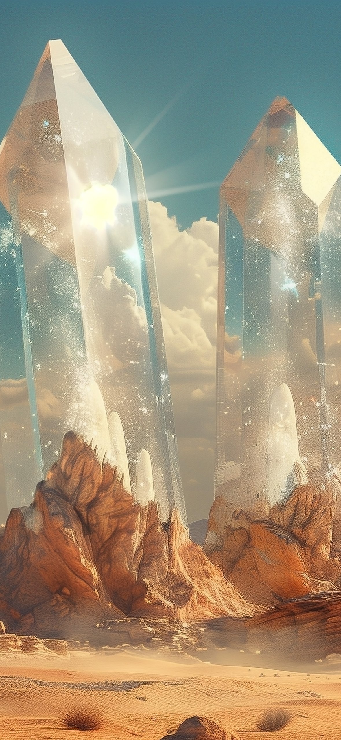 Huge transparent crystals in the desert - Wallpapers for iPhone 14 Pro/15 Pro in 1179x2556 resolution